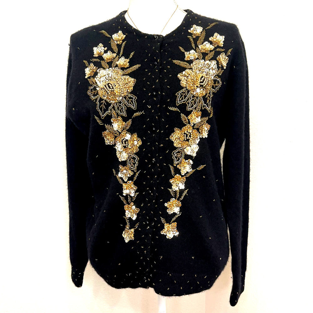 Vintage 1980's MORE Lambswool Rabbit Hair Gold Floral Cardigan